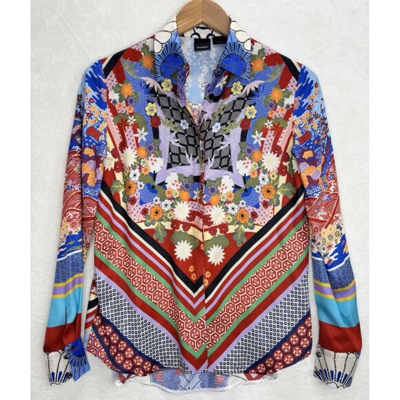 Pinko Women's Button Up Multi-Print Shirt Geometric Floral Size 2 - Picture 4 of 12